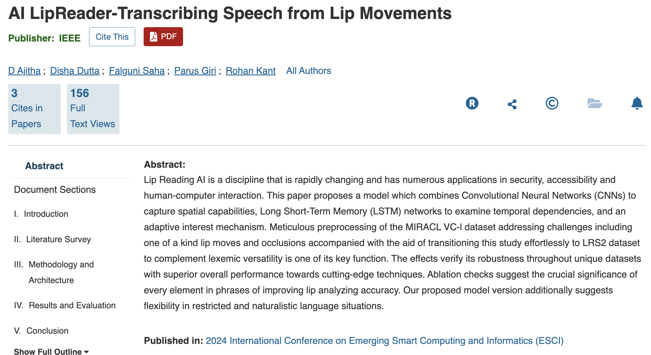 IEEE Xplore page for AI LipReader: Transcribing Speech from Lip Movements, listing Rohan Kant as co-author