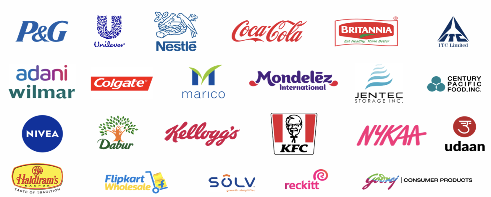 Companies using Setu: P&G, Unilever, Nestlé, Coca-Cola, Britannia, ITC, Adani Wilmar, Colgate, Marico, Mondelēz, Jentec Storage, Century Pacific Food, Nivea, Dabur, Kellogg's, KFC, Nykaa, udaan, Haldiram's, Flipkart Wholesale, Solv, Reckitt and Godrej Consumer Products